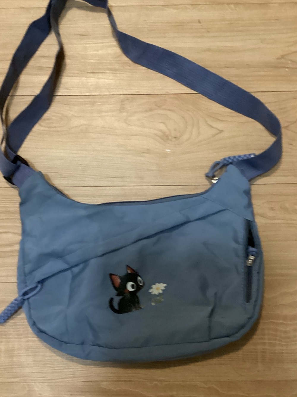Source Unknown Blue Crossbody Bag with Black Cat Embroidery small ink dot  stain